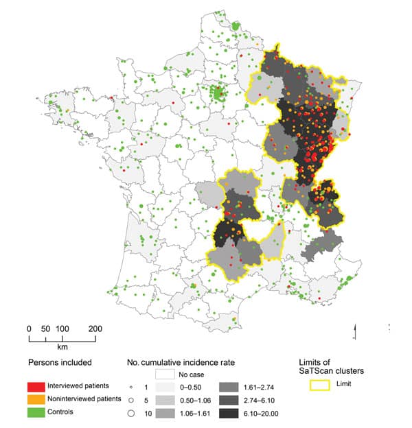 Carte des zones à risque de l'chinococcose alvéolaire en France. Populations at Risk for Alveolar Echinococcosis, Piarroux et al.