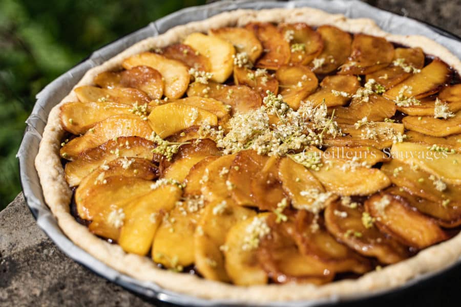 Tarte aux pommes caramélisées, chocolat et reine des Prés. Cueilleurs Sauvages.