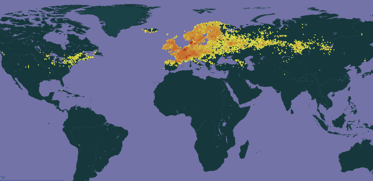 Carte de répartition de Filipendula ulmaria, GBIF, 2020-2025