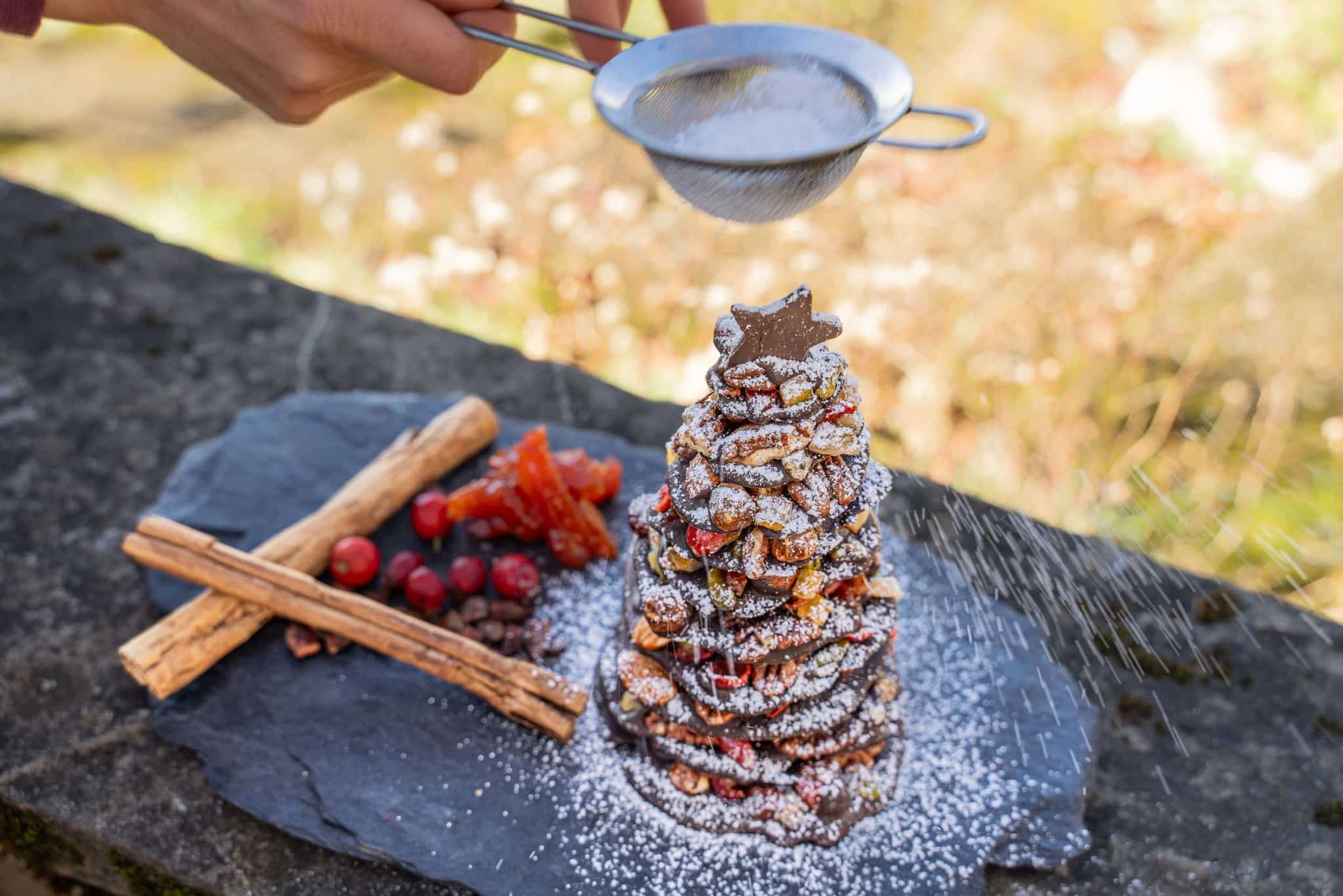 Featured image for “Sapin de Noël en chocolat garni de cynorhodons et de coings confits aux épices”